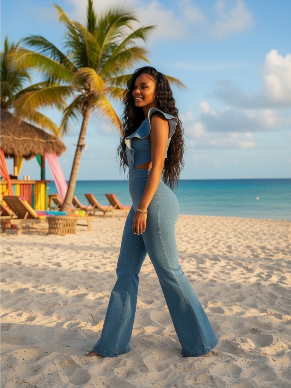 New!! Light Wash Denim Ruffle Cutout Jumpsuit - Picture 2 of 5